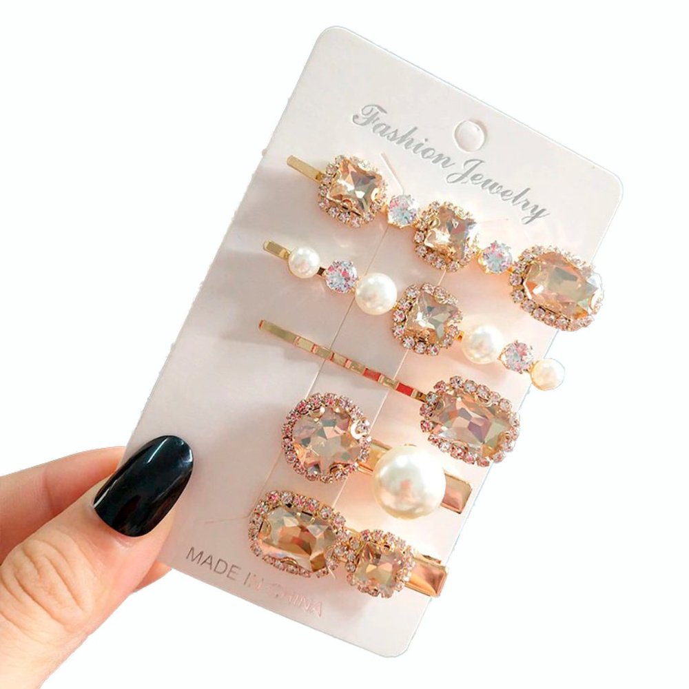 Champagne Crystal & Pearl Hair Pin Clips Set of 5